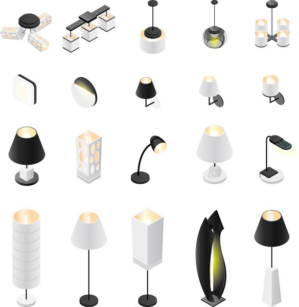 مجموعه بزرگ لامپ ها لامپ سه بعدی جدا شده در پس زمینه سفید لامپ های ایزومتریک کف سقف چراغ های دیواری تصویر برداری