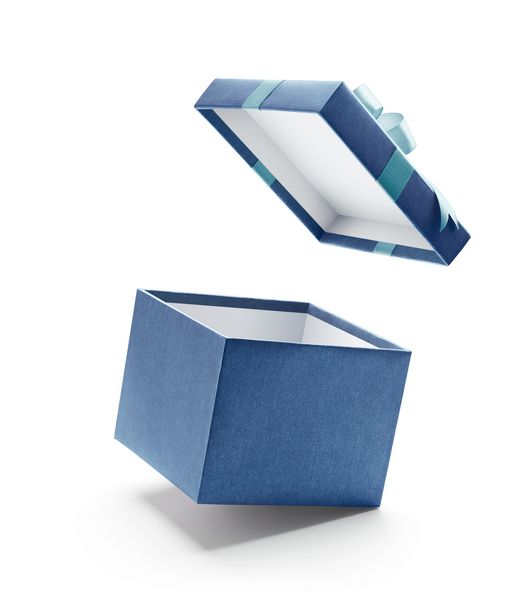 جعبه هدیه باز آبی جدا شده در پس زمینه سفید
