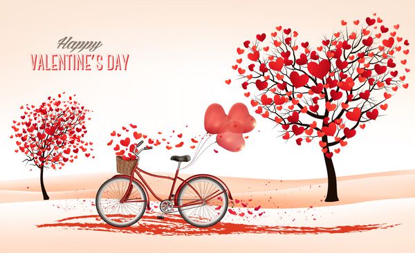 زمینه روز ولنتاین و x27؛ s با درختان به شکل قلب و دوچرخه وکتور