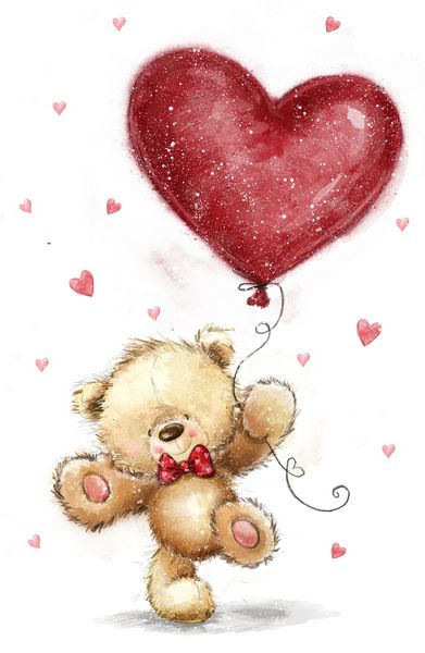 خرس عروسکی ناز عاشق بادکنک قلب بزرگ قرمز است طراحی کارت پستال روز ولنتاین