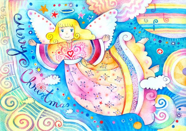 تصویر فصلی از فرشته ای که با آبرنگ و مدادهای رنگی ساخته شده است