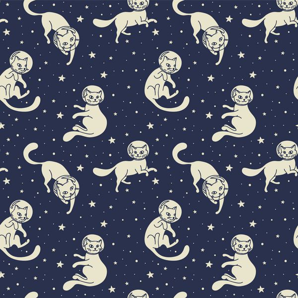 الگوی یکپارچه کیهانی گربه های فضانوردی گربه ابله ناز شناور در فضای آبی تیره تصویر برداری