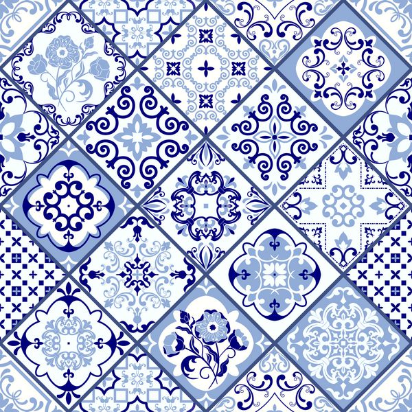 الگوی بدون درز پرنعمت در سبک پرتغال آزولجو کاشی وصله بدون درز به رنگ های آبی و سفید از الگوی بی پایان می توان برای کاشی و سرامیک کاغذ دیواری مشمع کف اتاق منسوجات پس زمینه صفحه وب استفاده کرد