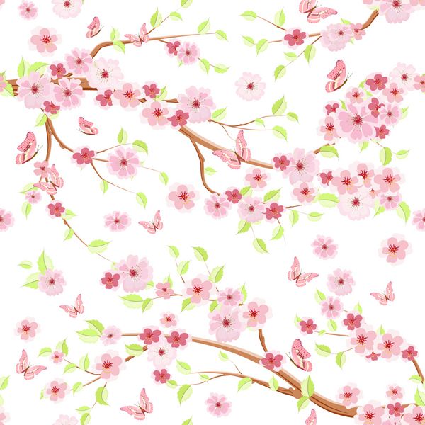 شاخه های شکوفه گیلاس و پروانه ها پارچه بدون درز برای پارچه
