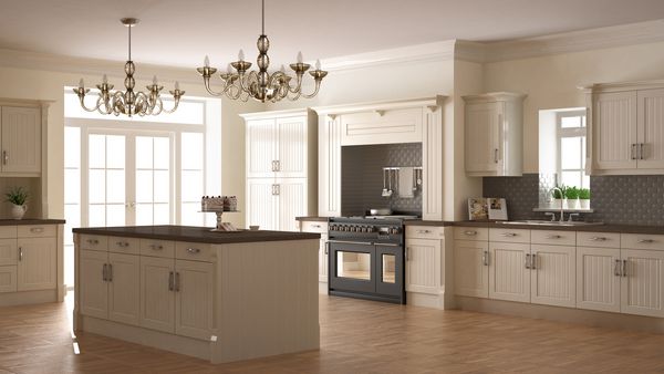 آشپزخانه کلاسیک حداقل طراحی داخلی اسکاندیناوی با جزئیات چوبی تصویر سه بعدی