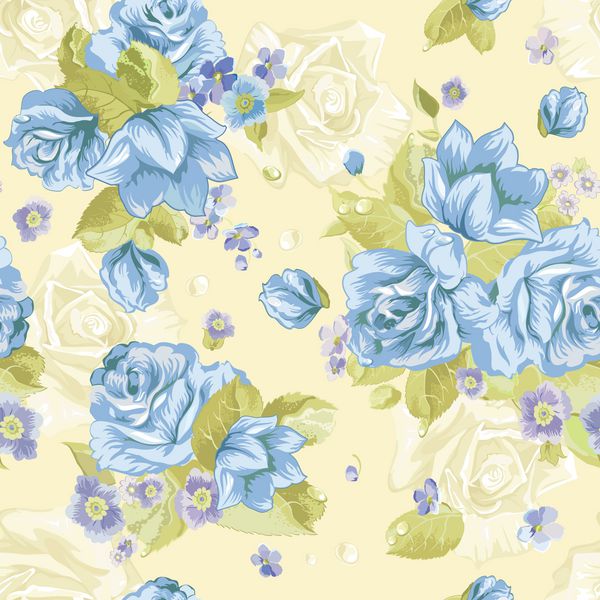 الگوی کاغذ دیواری یکپارچه با گل رز و گلهای آبی رنگ در زمینه طراحی تصویر برداری