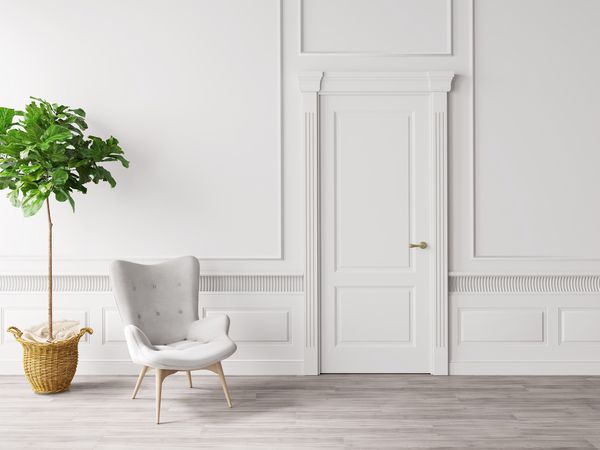 فضای داخلی کلاسیک سفید با تصویر سه بعدی از صندلی و گیاه