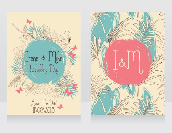 کارت های عروسی با پرندگان و گل های گرمسیری مهمانی به سبک هاوایی رنگ های آبی و صورتی تصویر برداری