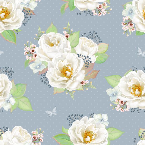 الگوی یکپارچه با گل رز سفید گل آذین هیدرانسا برگهای سبز و پروانه های پرنده در زمینه رنگ نیلی تصویر برداری به سبک پرنعمت