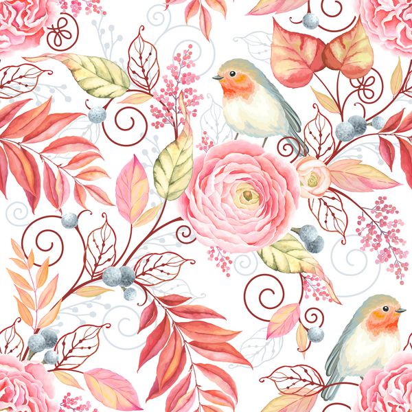 الگوی بدون درز انتزاعی با پرنده رابین گل Ranunculus انگلیسی گل رز و برگهای رنگارنگ تصویر برداری فانتزی در زمینه سفید