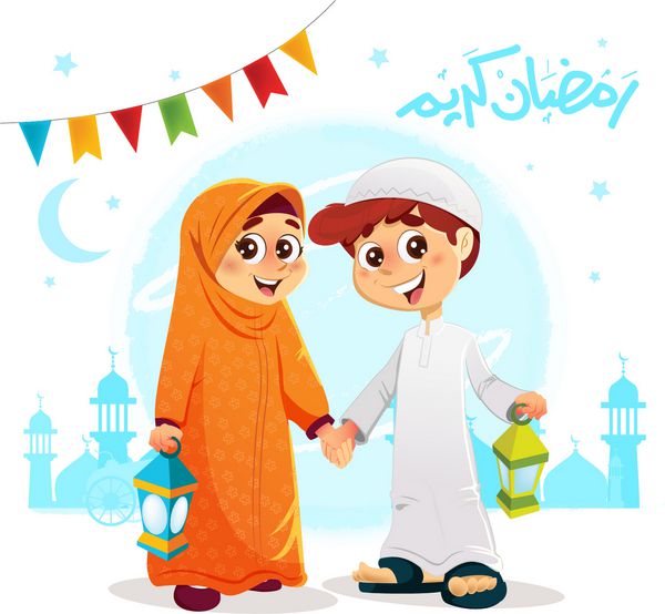 تصویر برداری پسران و دختران مسلمان عربی جشن گرفتن ماه رمضان با amp x27؛ مبارک رمضان amp x27؛ متن نوشته شده به زبان عربی