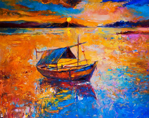 نقاشی روغنی بر روی بوم-قایق در امپرسیونیسم آب مدرن