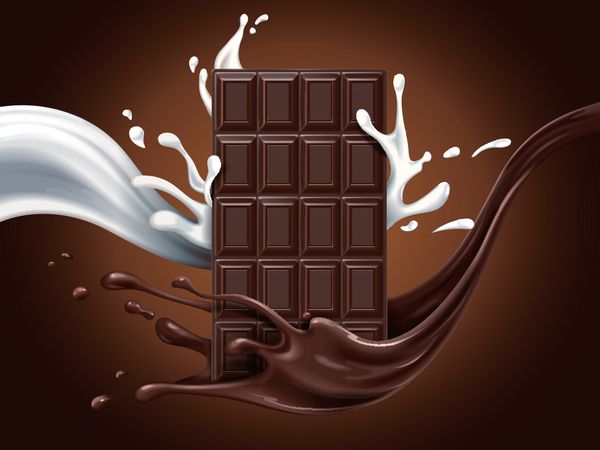 آگهی شکلات فندق با عناصر جریان شیر و کاکائو پس زمینه قهوه ای تصویر سه بعدی