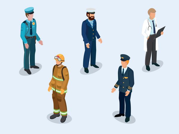 خلبان ملوان پزشک آتش نشان و پلیس با لباس به عنوان نمایندگان حرفه های مختلف تصویر برداری ایزومتریک 3D