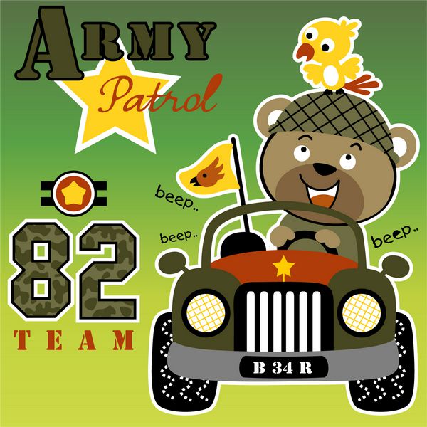 خرس کوچک با پرنده روی جیپ نظامی کارتون وکتور طرح پیراهن بچه ها تصویر زمینه