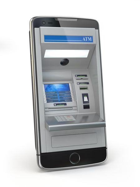 مفهوم پرداخت بانکی و پرداخت آنلاین تلفن هوشمند به عنوان دستگاه خودپرداز در زمینه سفید جدا شده است تصویر سه بعدی