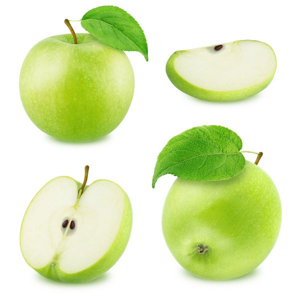 مجموعه ای از سیب های مختلف سبز جدا شده در زمینه سفید