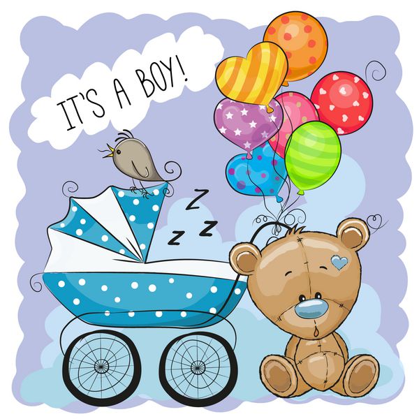 کارت تبریک پسری با کالسکه کودک و خرس عروسکی است