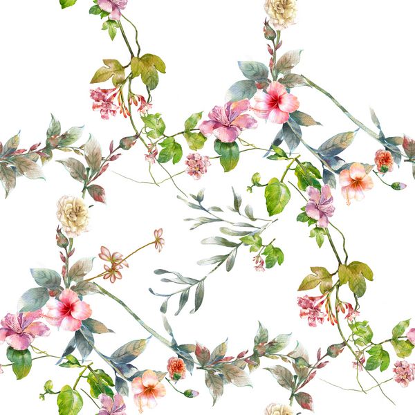 نقاشی آبرنگ برگ و گل الگوی بدون درز بر روی زمینه سفید