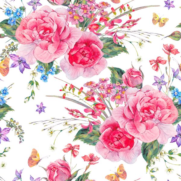 الگوی بدون درز تابستانی آبرنگ طبیعی با گل های وحشی و گل رز پروانه ها تصویر گلی گیاهان بر روی زمینه سفید