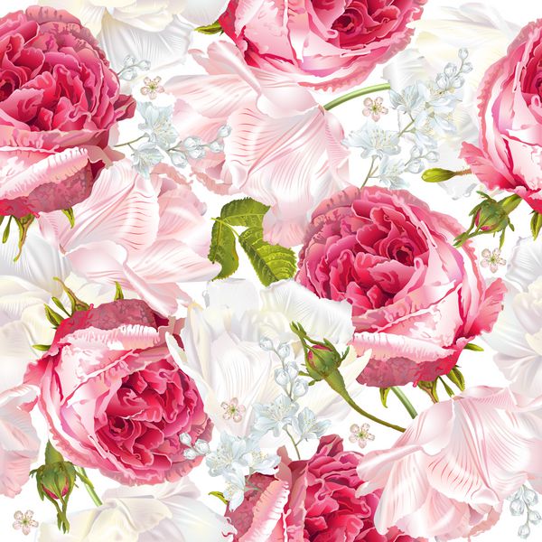 الگوی بدون درز با گلهای رز و گلهای لاله در زمینه سفید طرح عاشقانه پس زمینه برای لوازم آرایشی عطر کارت تبریک دعوت عروسی مناسب برای پارچه یا کاغذ بسته بندی