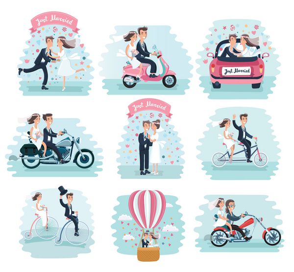 وکتور کارتونی وکتور مجموعه خنده دار عروس و داماد زن و شوهر عروسی زیبا دوچرخه سواری در موتور سیکلت اسکوتر بالون هوا دوچرخه سه چرخه مراقبت و بوسه