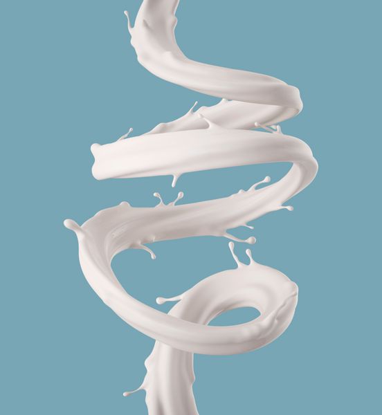 3D رندر تصویر دیجیتال جت مارپیچ شیر چلپ چلوپ سفید موج مایع رنگ حلقه ها خط انحنا پس زمینه آبی