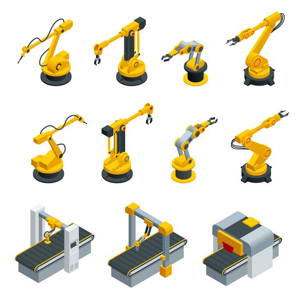 مجموعه ایزومتریک ابزار دستی رباتیک یا ربات های جوشکاری صنعتی در کارخانه تولیدکننده خط تولید