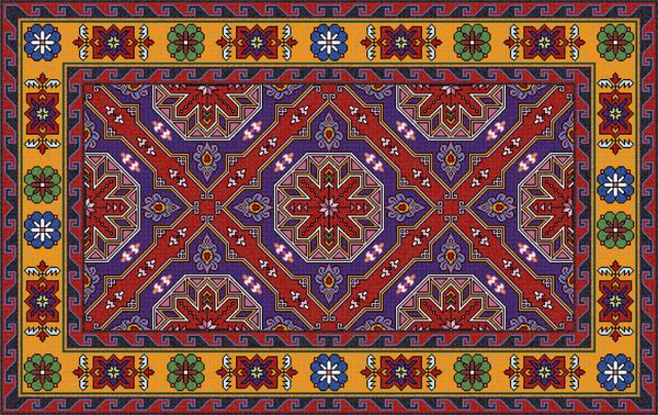 فرش شرقی موزائیک رنگارنگ با زینت هندسی سنتی و نقوش گل الگوی قاب حاشیه فرش تصویر برداری 10 EPS
