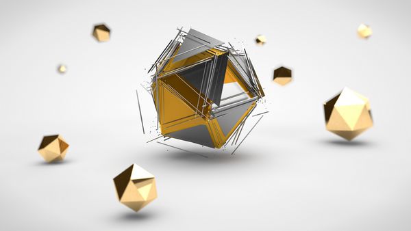 تصویری از آرایه های چند ضلعی با عمق متفاوتی از زمینه طلا و پلاتین و یک پوسیدگی در قطعات چند لایه در مرکز بر روی یک پس زمینه سفید رندر سه بعدی