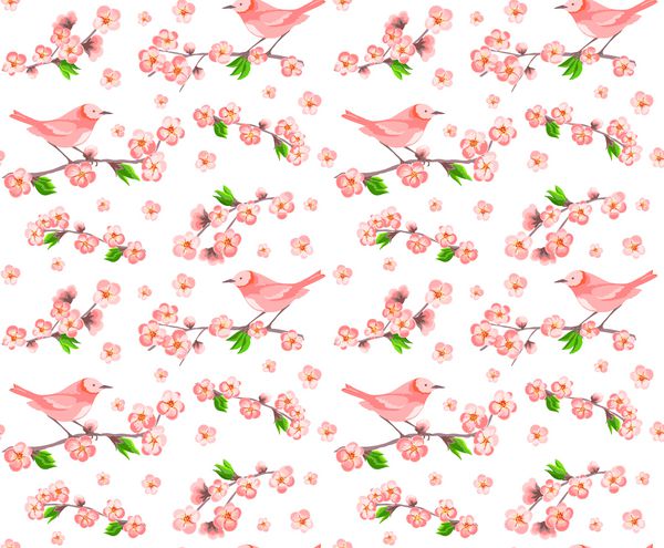 الگوی بدون درز ساکارا با گل پرنده ژاپنی و شکوفه های گیلاس