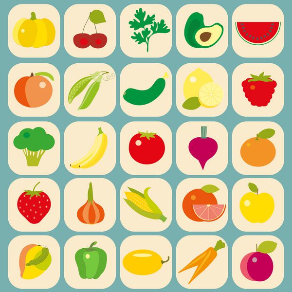 مجموعه آیکون های مسطح میوه و سبزیجات