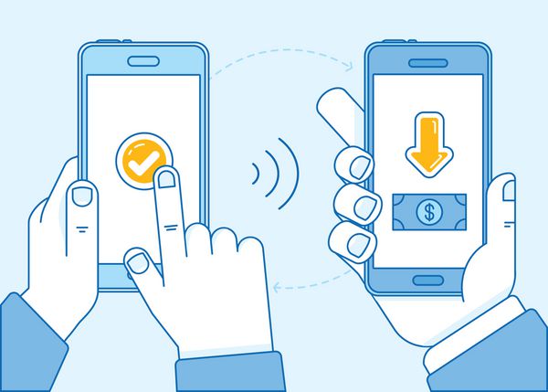 تصویر برداری خطی تخت به رنگ های آبی مفهوم پرداخت بدون تماس دست هایی که تلفن های همراه را در دست دارند و پول را انتقال می دهند