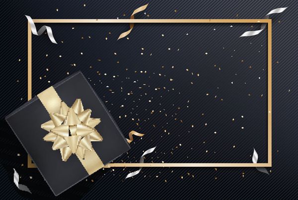 جعبه هدیه سیاه و روبان های کمان طلایی با کنتین در زمینه بافت تیره تصویر برداری
