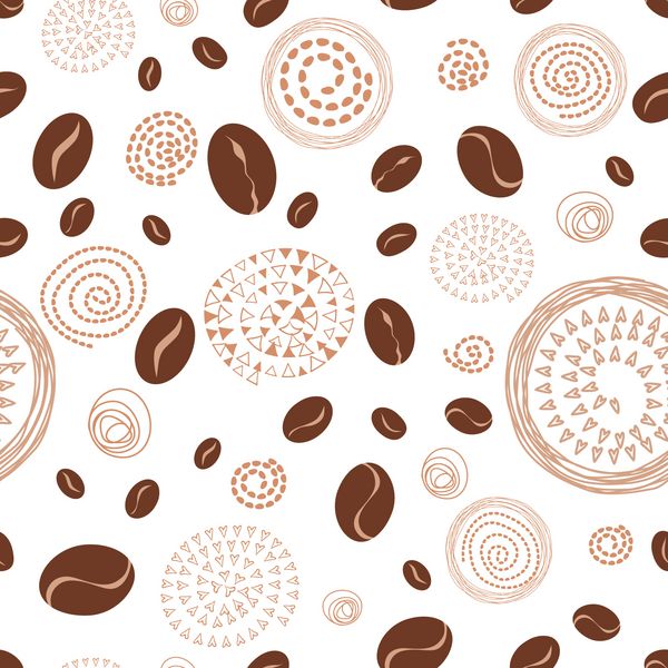 پس زمینه الگوی هندسی یکپارچه با دانه های قهوه تزئین شده با دست قهوه ای روشن تزئین شده دایره تصویر زمینه تکرار شده روی رنگ سفید برای طراحی بسته بندی الگوی پارچه آشپزخانه