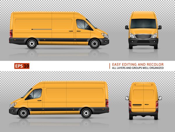 مدل وکتور وکتور زرد رنگ برای مارک و تبلیغات خودرو قالب کامیون های تجاری جدا شده در پس زمینه شفاف نمای از سمت چپ و راست پشت جلو