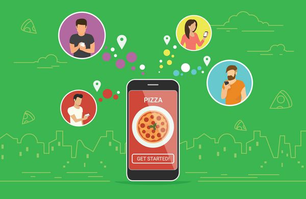 سفارش طراحی مفهوم آنلاین پیتزا تصویر برداری تخت از زنان و مردان جوان در نمادهای دایره ای با استفاده از برنامه تلفن همراه هوشمند برای سفارش پیتزا پیتنیای خوشمزه از طریق برنامه بنر مواد غذایی آنلاین