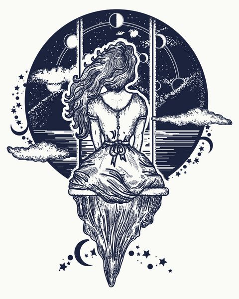 دختر در حال چرخش به هنر آسمان پرواز می کند سمبل خواب عشق تخیل ماجراهای