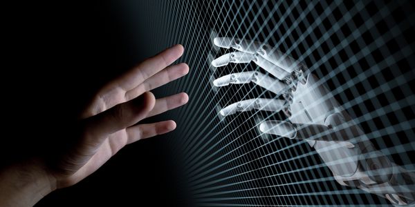 دستان ربات و لمس انسان از طریق شبکه مجازی با پس زمینه سیاه واقعیت مجازی یا مفهوم فناوری هوش مصنوعی تصویر 3D