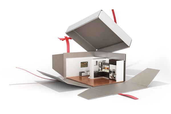 کانسپت آپارتمان به عنوان هدیه داخلی آشپزخانه در یک جعبه باز 3 بعدی به رنگ سفید و بدون سایه ارائه می شود