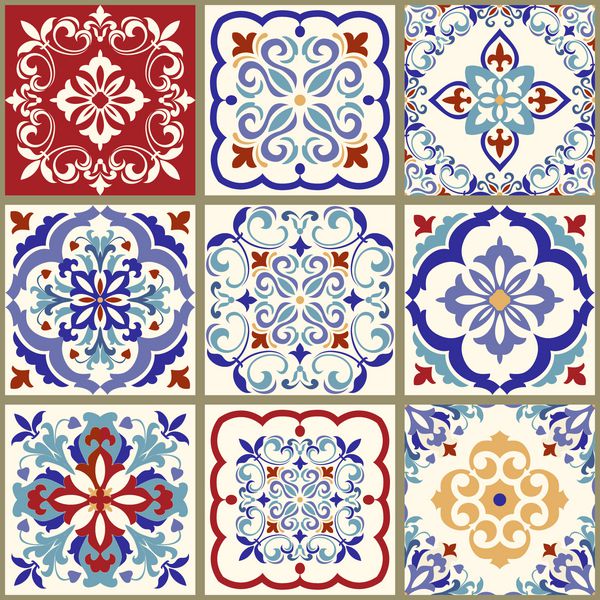 مجموعه 9 کاشی سرامیکی به سبک ترکی وصله رنگی بدون درز الگوی بی پایان می تواند برای کاشی و سرامیک کاغذ دیواری مشمع کف اتاق