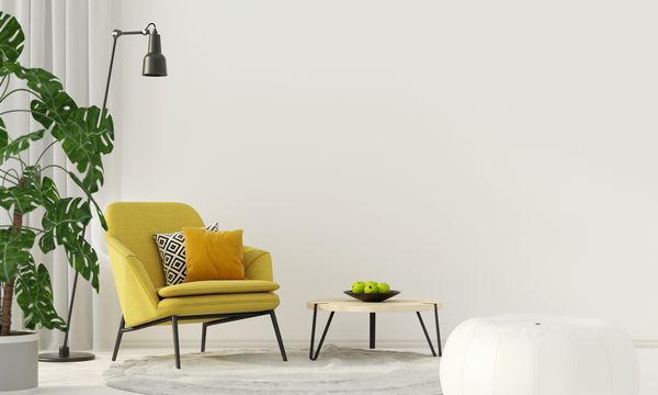 تصویر سه بعدی داخلی رنگی با یک صندلی زرد