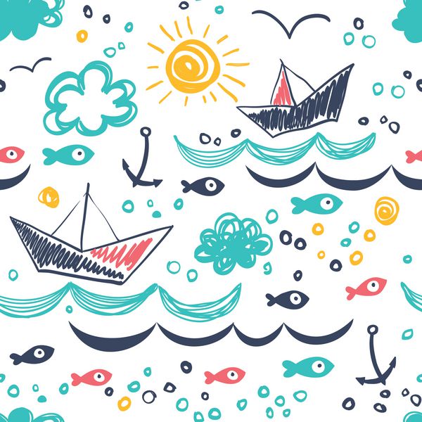 الگوی یکپارچه در مفهوم نقاشی های کودکان amp x27؛ الگوی بدون درز با کشتی ها ماهی ها خورشید ابرها دریا و امواج