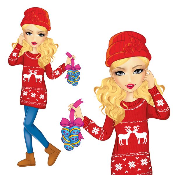 تصویر برداری دختر زیبا و شیک در تزیینات کریسمس دارای کلاه قرمز