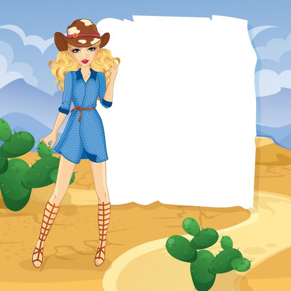 تصویر برداری دختر در یک کلاه گاوچران و صندل های بلند در صحرا