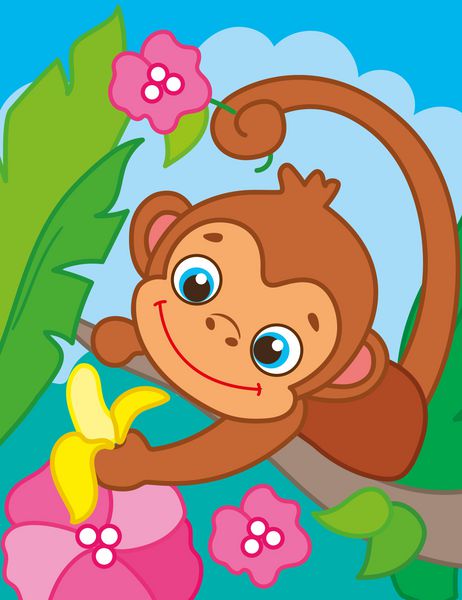 تصویر برداری میمون در جنگل موز می خورد