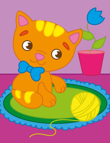 تصویر برداری کارتونی وکتور بچه گربه قرمز با یک توپ در اتاق بازی می کند
