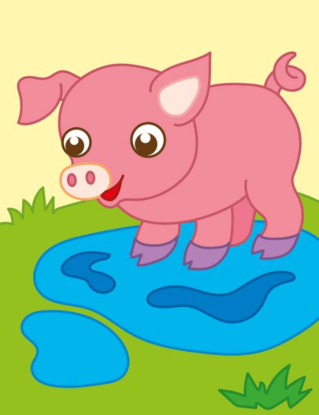 تصویر برداری کارتونی از خوک ناز بازتاب آن در گودال است