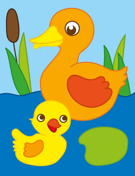 تصویر برداری کارتونی از اردک با شنا کردن جوجه اردک روی استخر