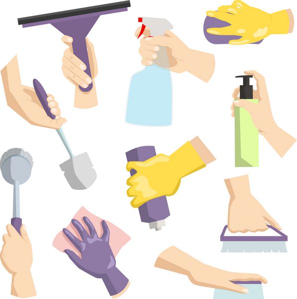 ابزار تمیز کردن در خانه زن مناسب برای بسته بندی وسایل خانه داری و بهداشت و تمیز کردن لوازم آشپزخانه بهداشتی وکتور مفهوم وکتور
